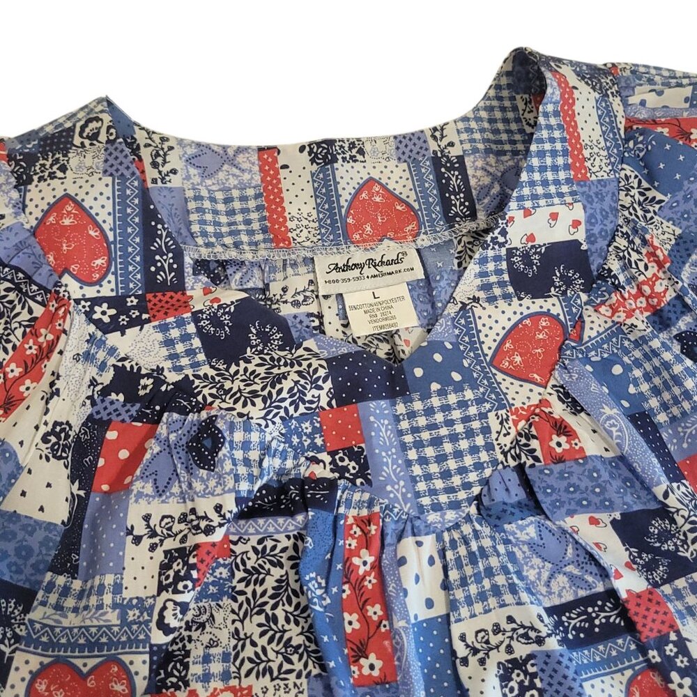 Vtg 80s Anthony Richards Patchwork House Dress Mumu L Red White Blue Heart Short - Picture 10 of 12